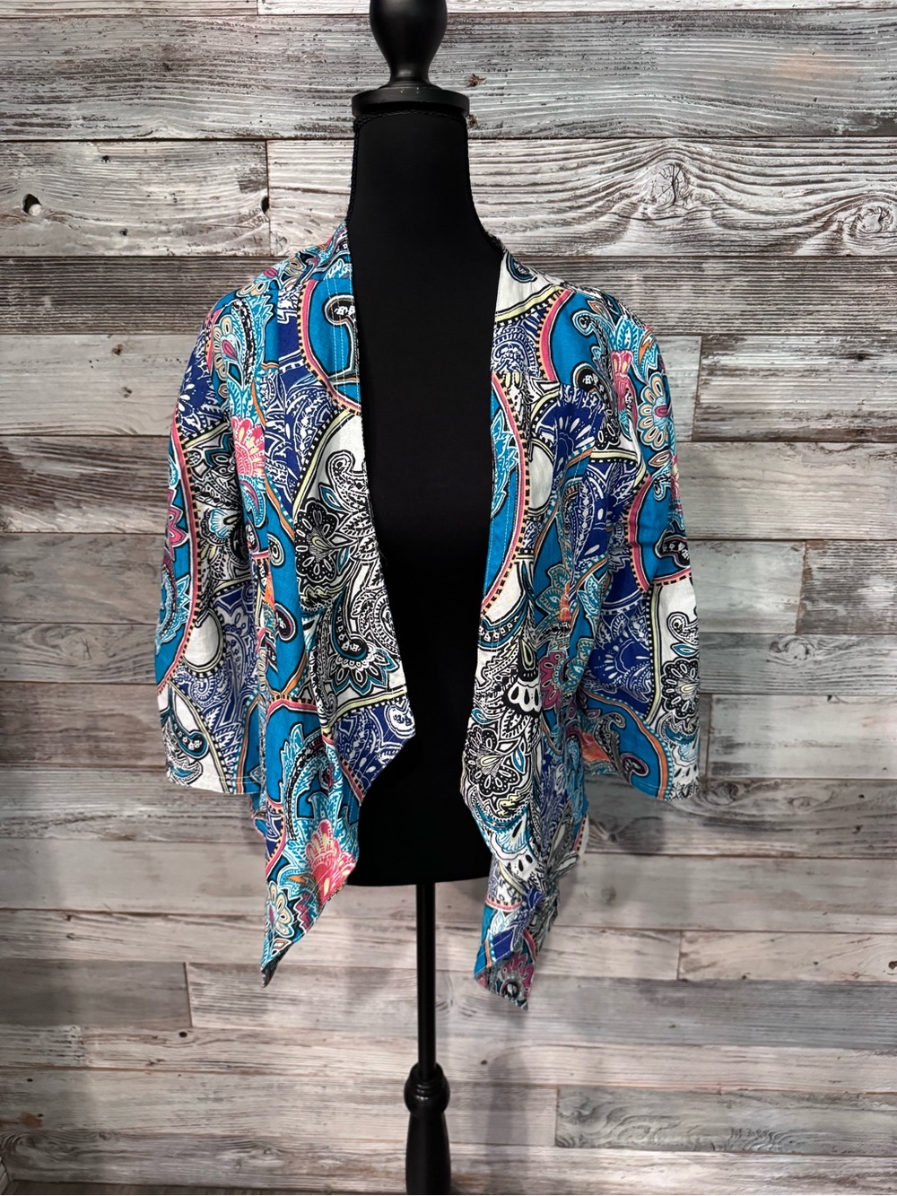 Chico's Blue Multi Paisley Open-Front Kimono Jacket